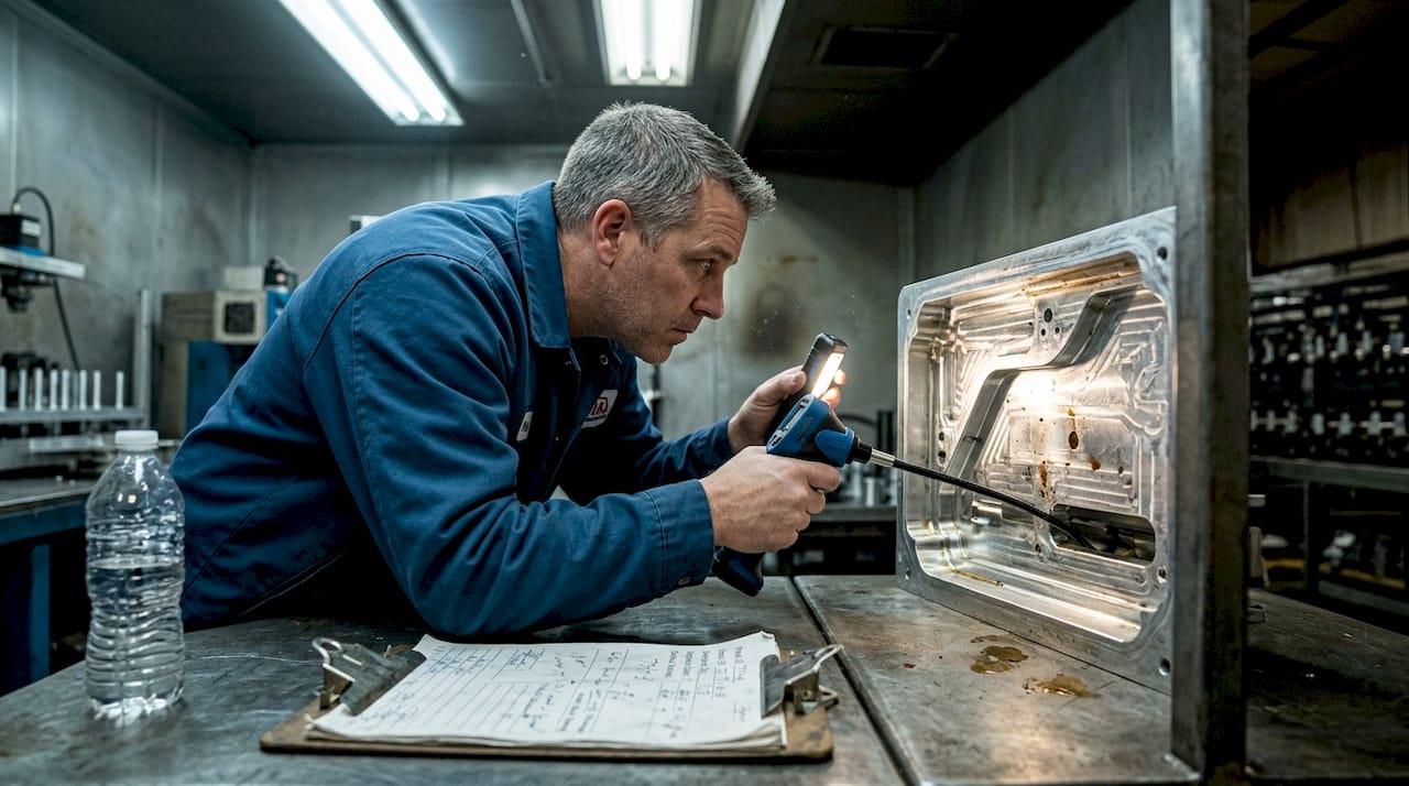 Inspector observing light shadows with endoscope