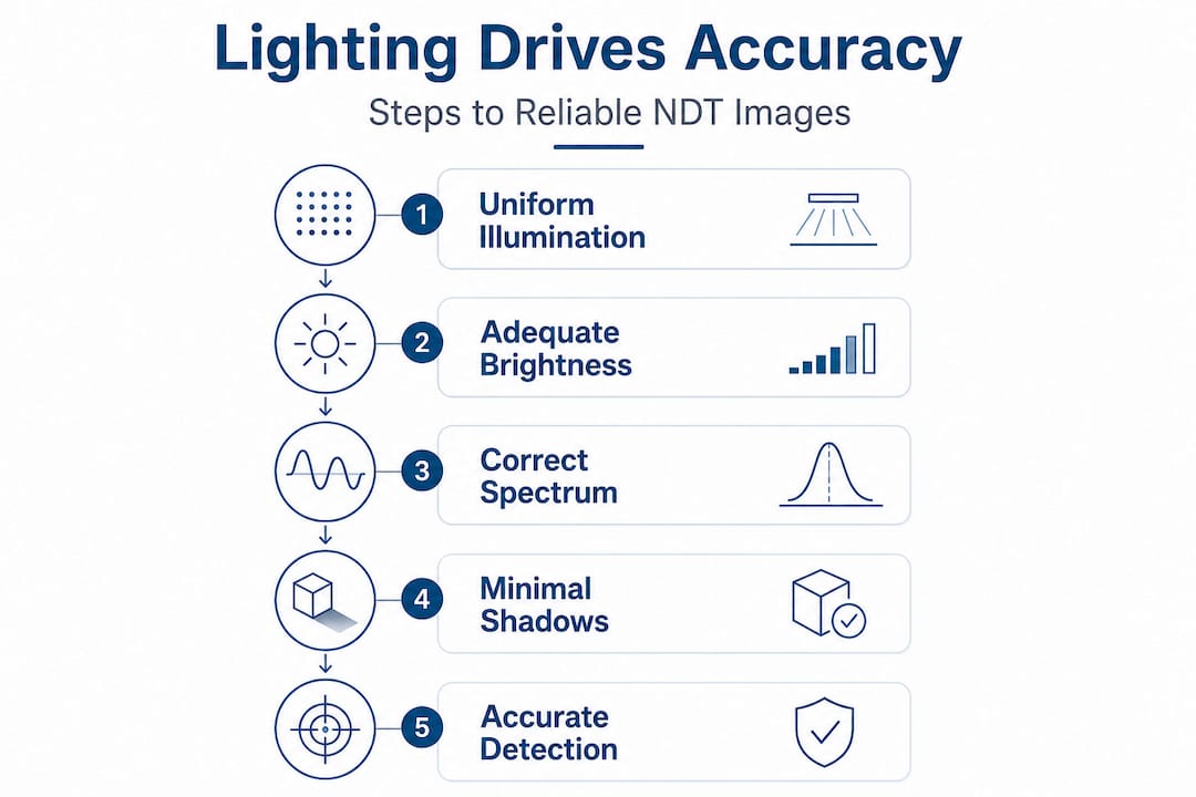 Infographic showing steps for accurate NDT lighting