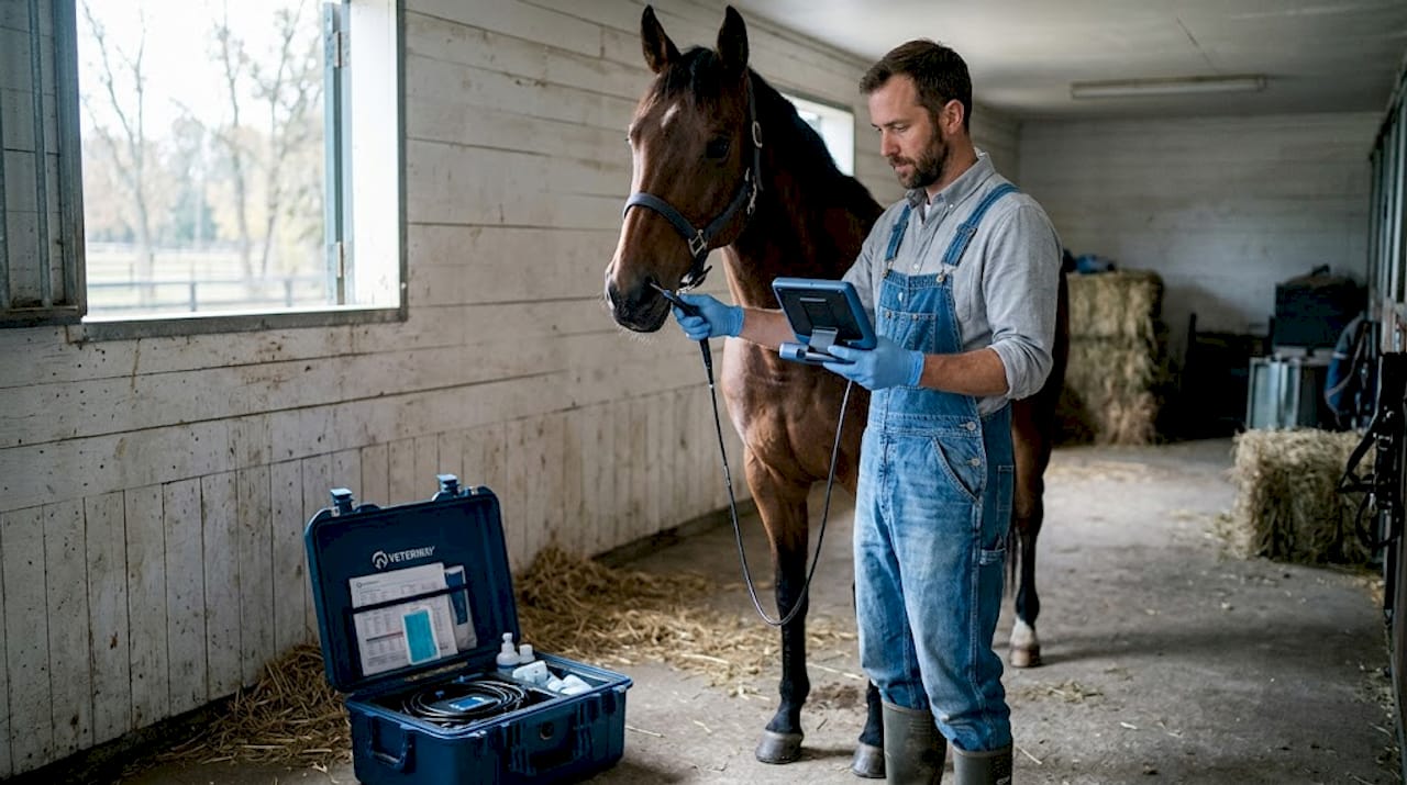 Equine technician uses airway endoscope in barn