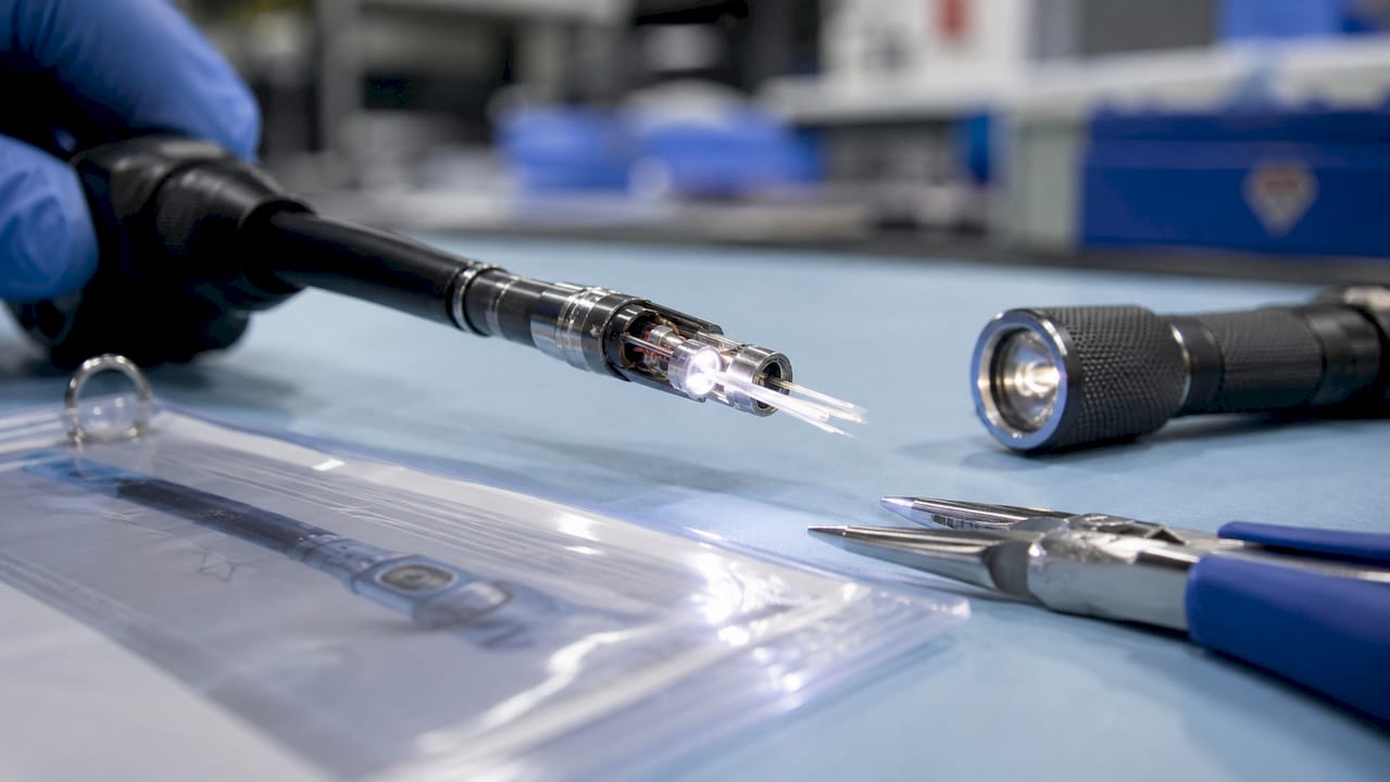 Closeup of borescope LED and fiber optic tip lighting