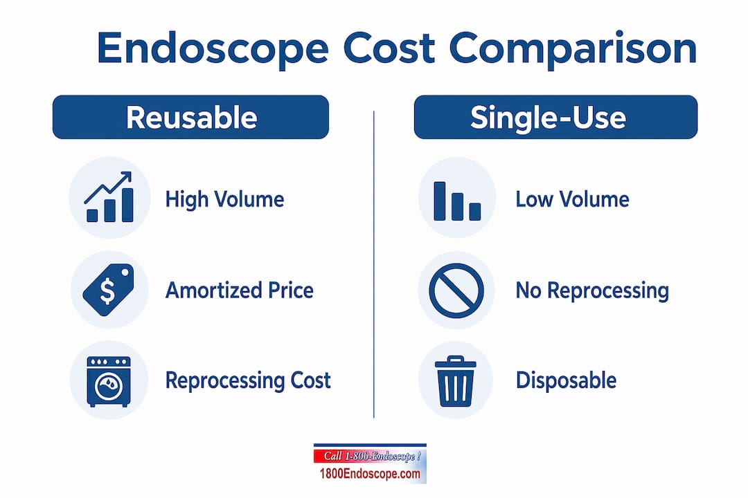 Infographic comparing reusable and single-use endoscope costs