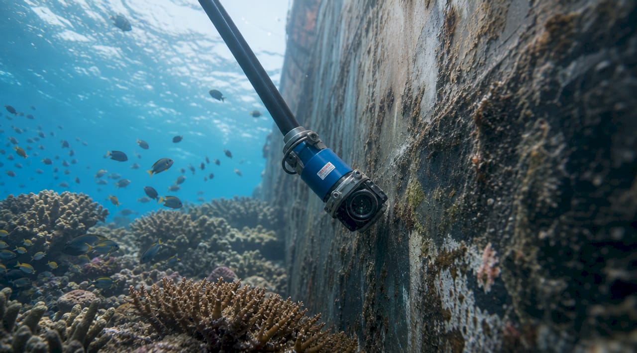 Underwater inspection camera near ship hull in ocean
