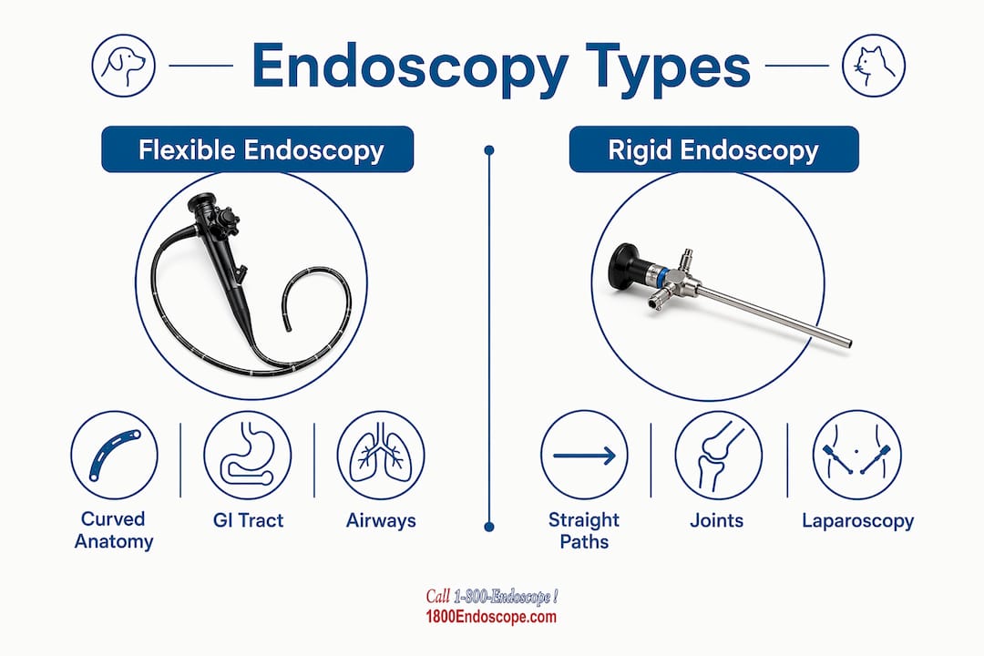 Comparison infographic of flexible and rigid veterinary endoscopy types