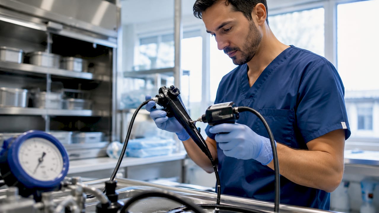 Close-up of technician leak testing endoscope