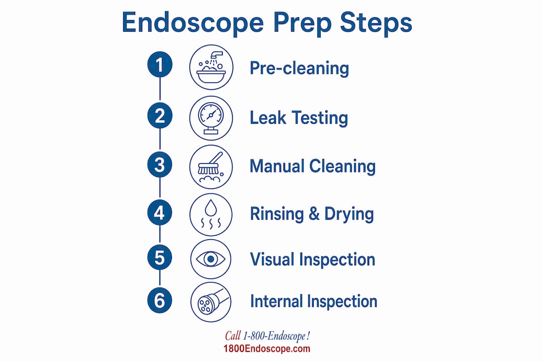 Infographic depicting key endoscope preparation steps