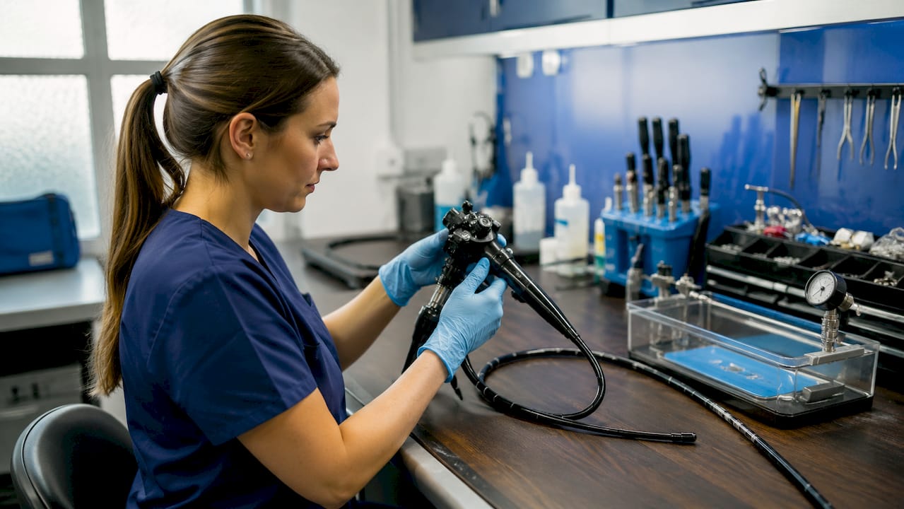 Gloved hands inspecting veterinary flexible endoscope
