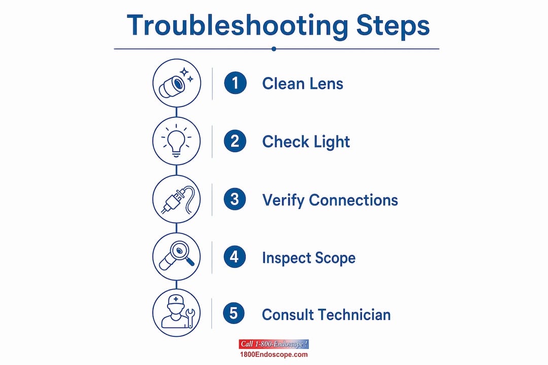 Infographic showing step-by-step animal endoscopy troubleshooting