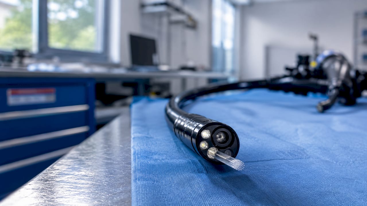 Close-up of endoscope distal tip components
