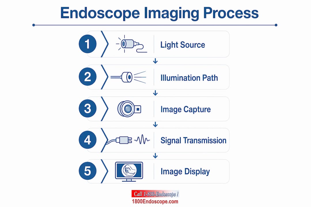 Infographic showing endoscope optical and illumination workflow