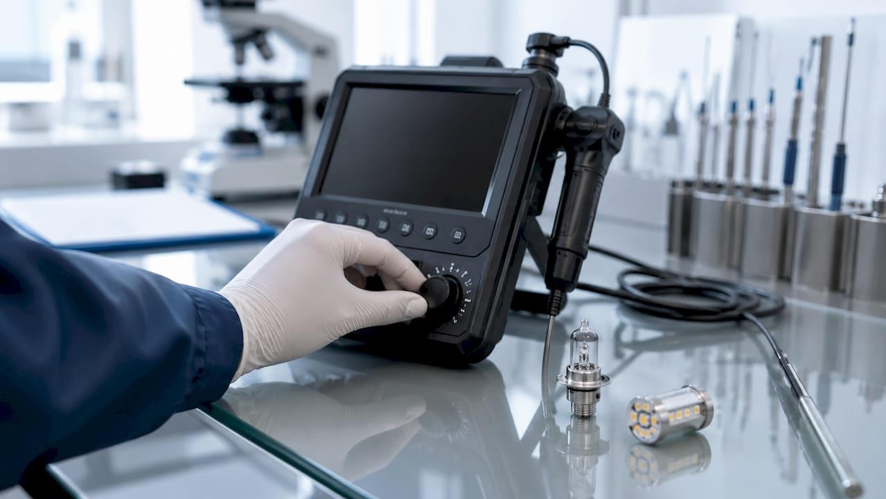Close-up of hand adjusting LED light on borescope next to halogen bulb