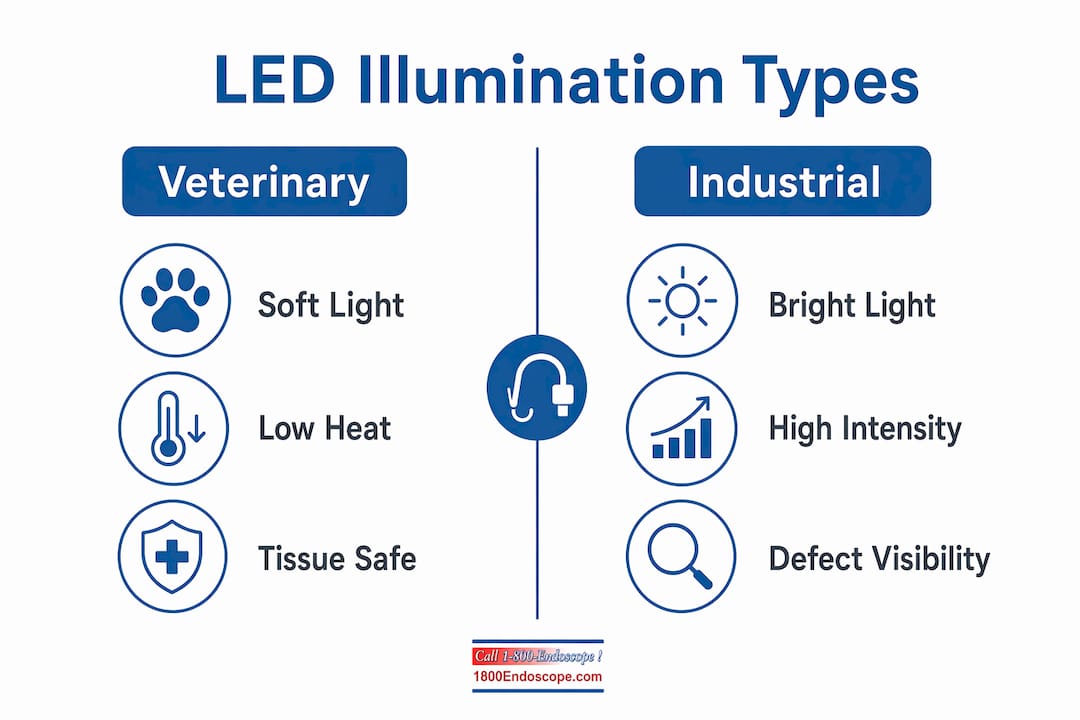 Infographic comparing veterinary and industrial borescope LED lighting