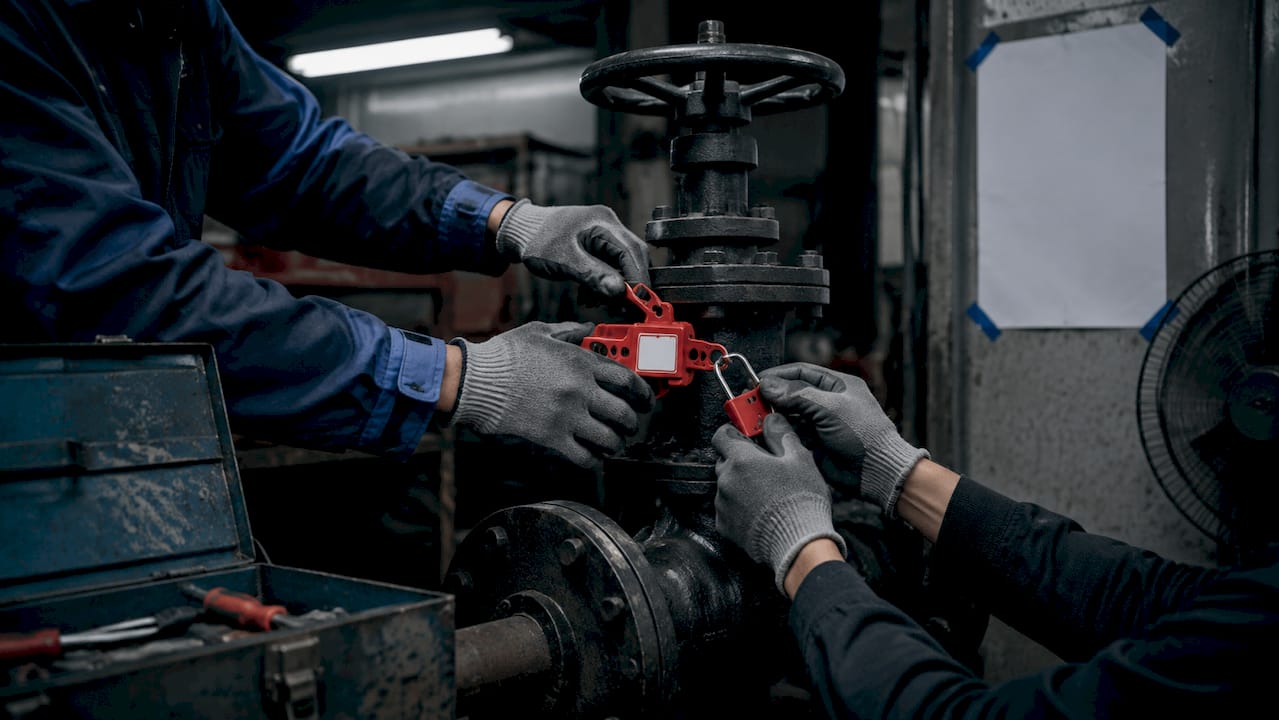 Hands performing lockout/tagout on industrial equipment