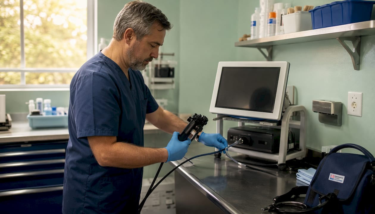 Veterinary technician preparing video imaging equipment