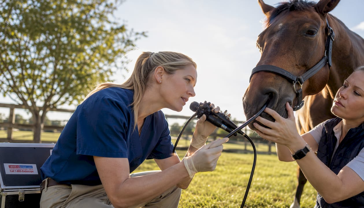 Veterinarian performing horse respiratory endoscopy