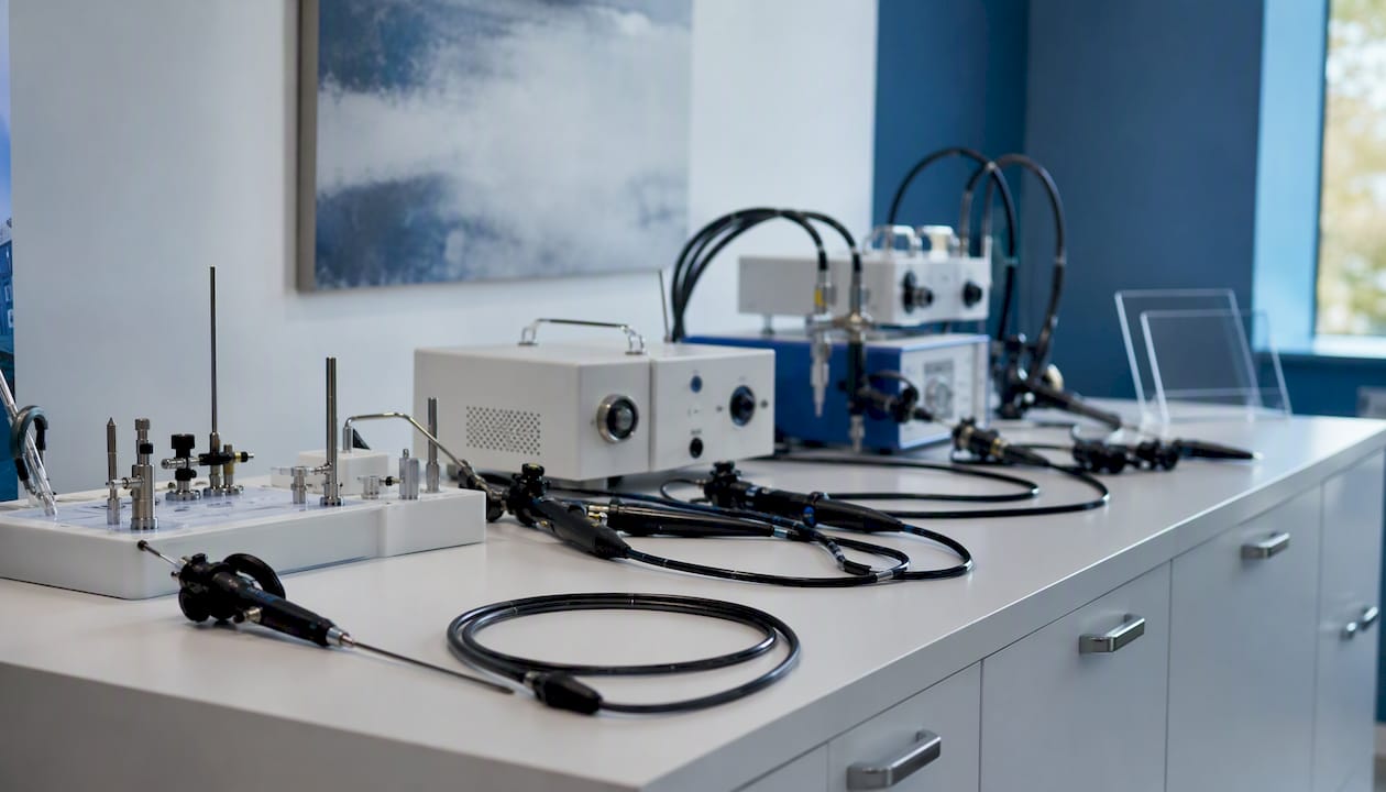 Veterinary endoscopy equipment arranged on showroom counter