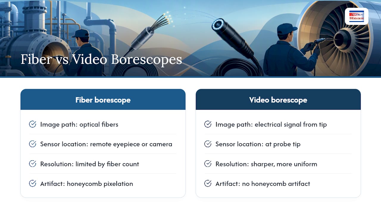 Comparison diagram of fiber optic and digital camera borescopes