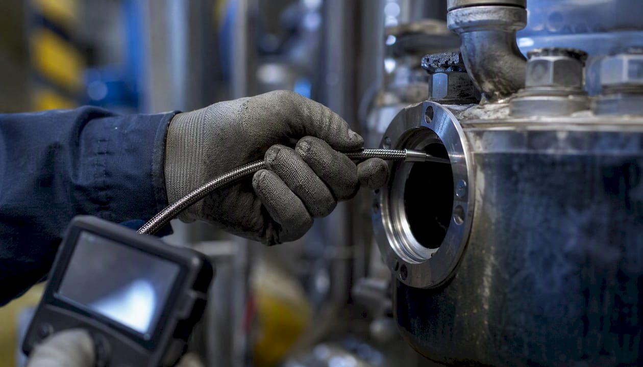 Flexible armored borescope inserted into industrial pipe