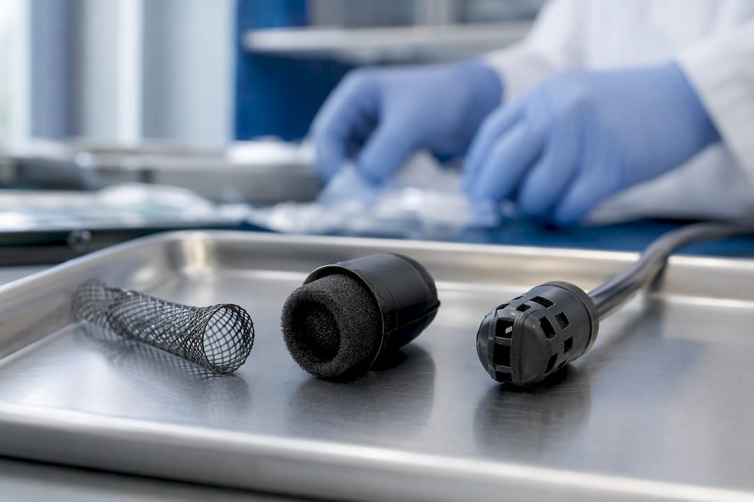 Three types of endoscope tip protectors on tray