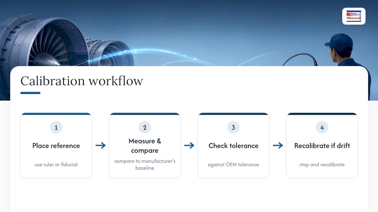 Borescope calibration workflow from reference to recalibration