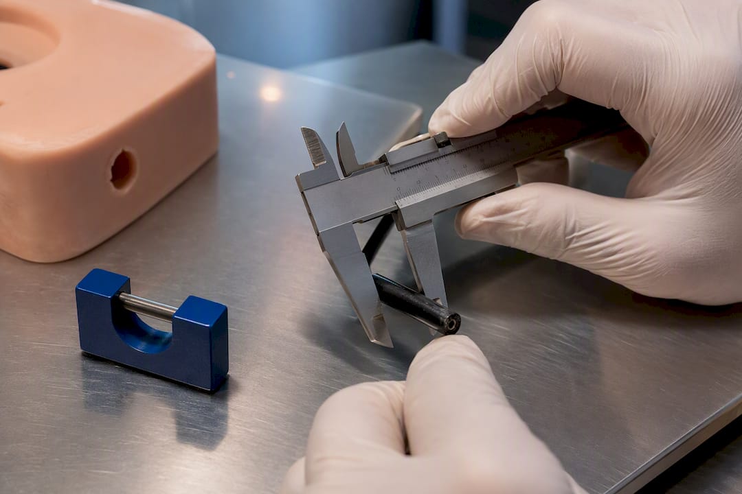 Technician measuring endoscope outer diameter