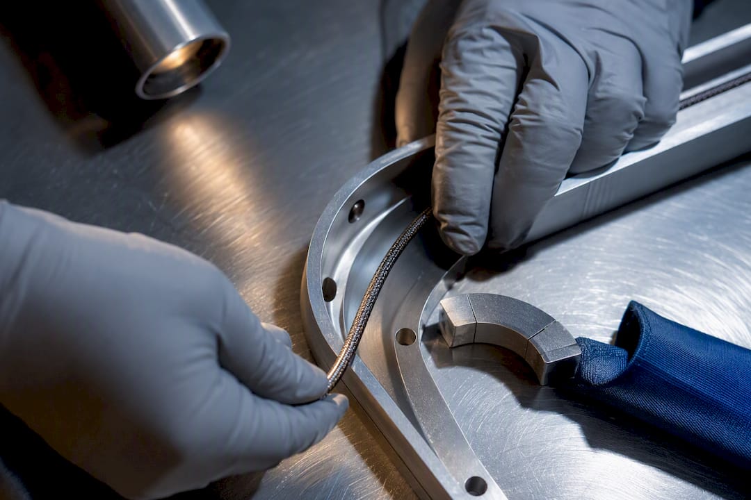 Gloved hands guiding inspection shaft through curve
