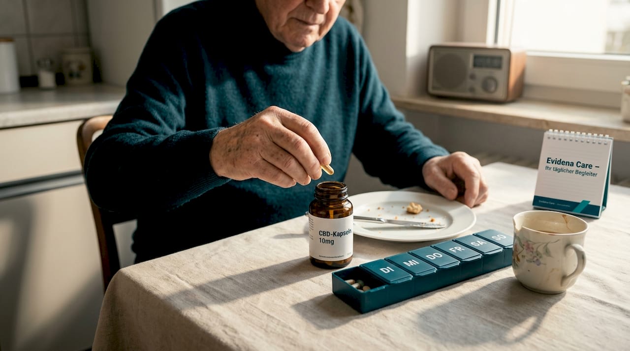 Ein älterer Herr nimmt in seiner Küche eine CBD-Kapsel ein.