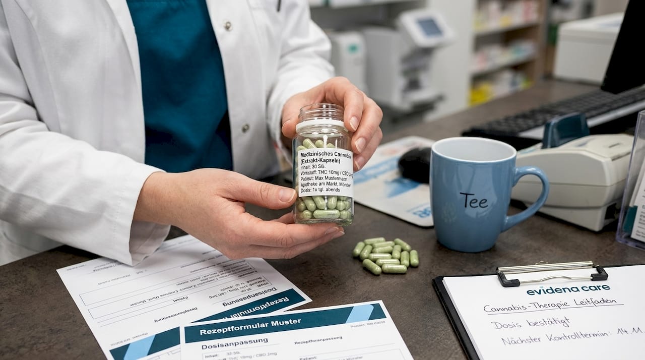 Cannabis-Kapseln werden von einer Apothekerin in den Händen gehalten.