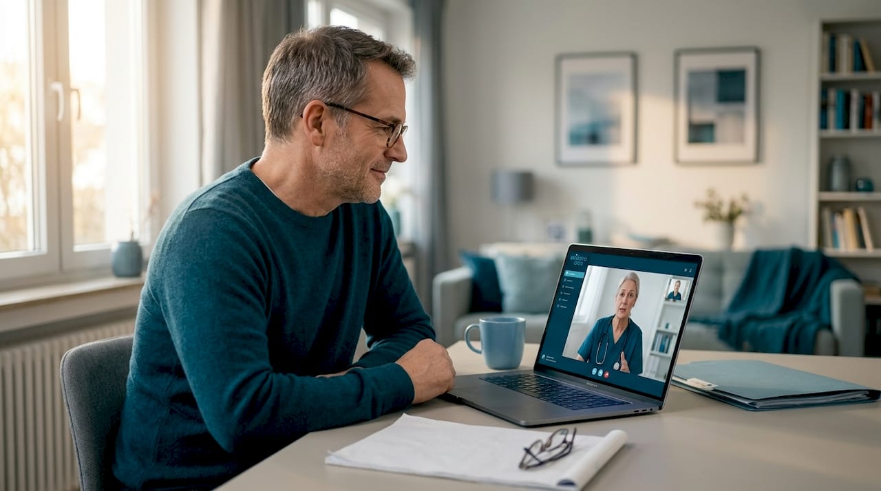 Ein Patient nimmt von zu Hause aus an einer Videosprechstunde teil.