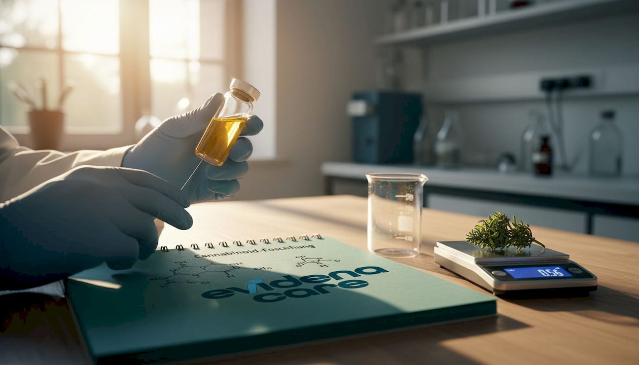 In einem Labor hält jemand vorsichtig ein kleines Fläschchen mit Cannabisöl in den Händen.