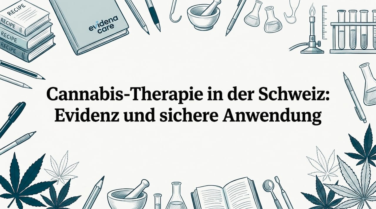 Illustrative Titelgrafik mit gezeichneten Cannabisblättern und typischen Laborutensilien