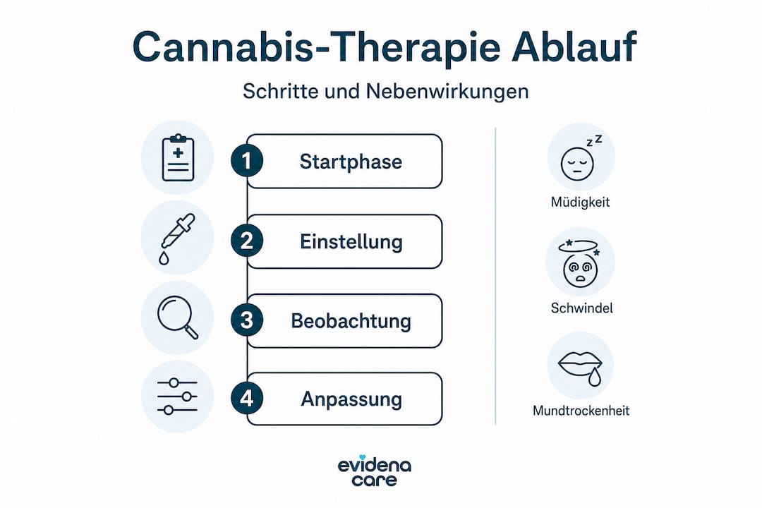 Übersichtsgrafik: So läuft eine Cannabis-Therapie ab – Schritte im Behandlungsprozess und mögliche Nebenwirkungen auf einen Blick