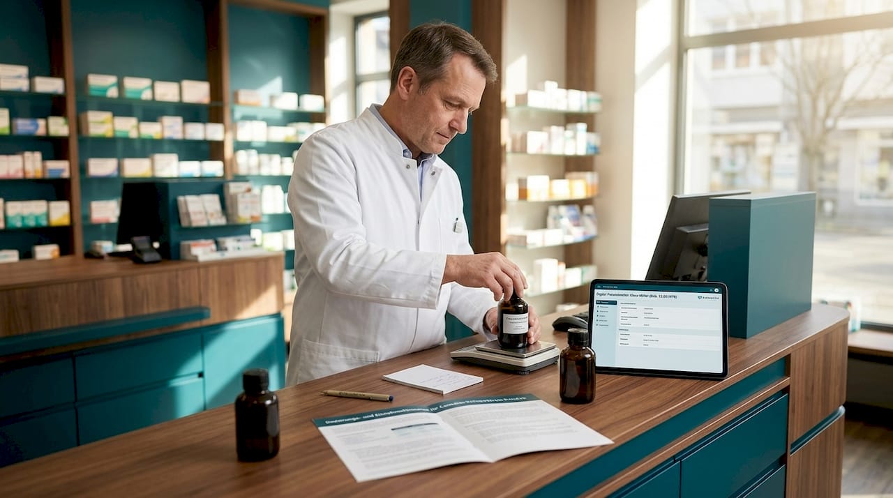 Ein Apotheker bereitet am Beratungstisch eine Flasche mit Cannabisextrakt zur individuellen Dosierung vor.