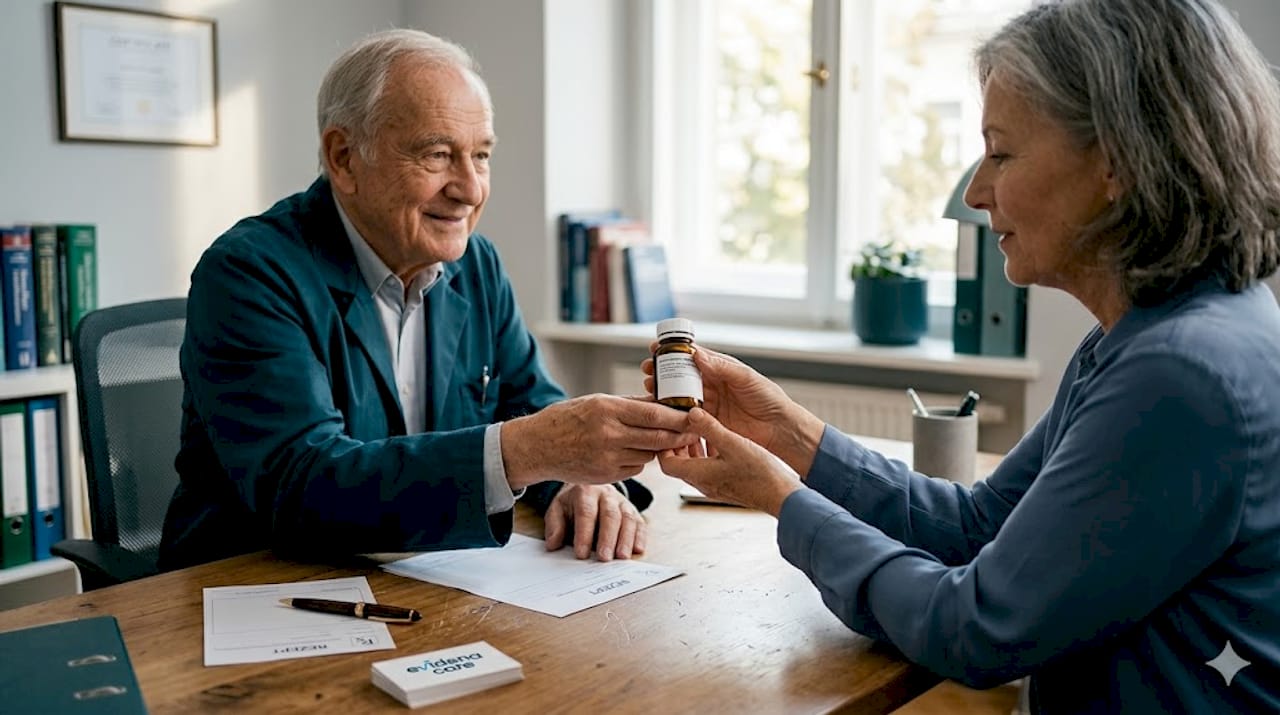 In seiner Praxis gibt der Arzt einer Patientin ein Cannabis-Medikament aus.