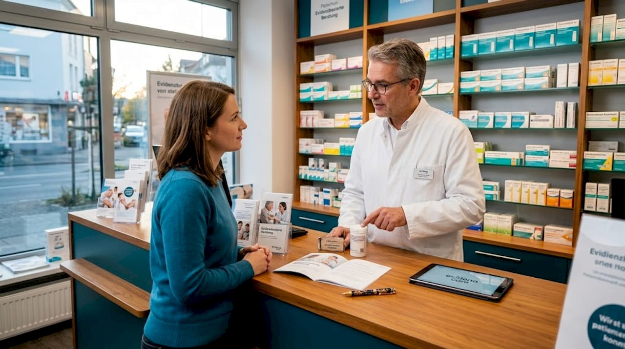 Eine Patientin lässt sich am Tresen in der Apotheke vom Apotheker ausführlich beraten.