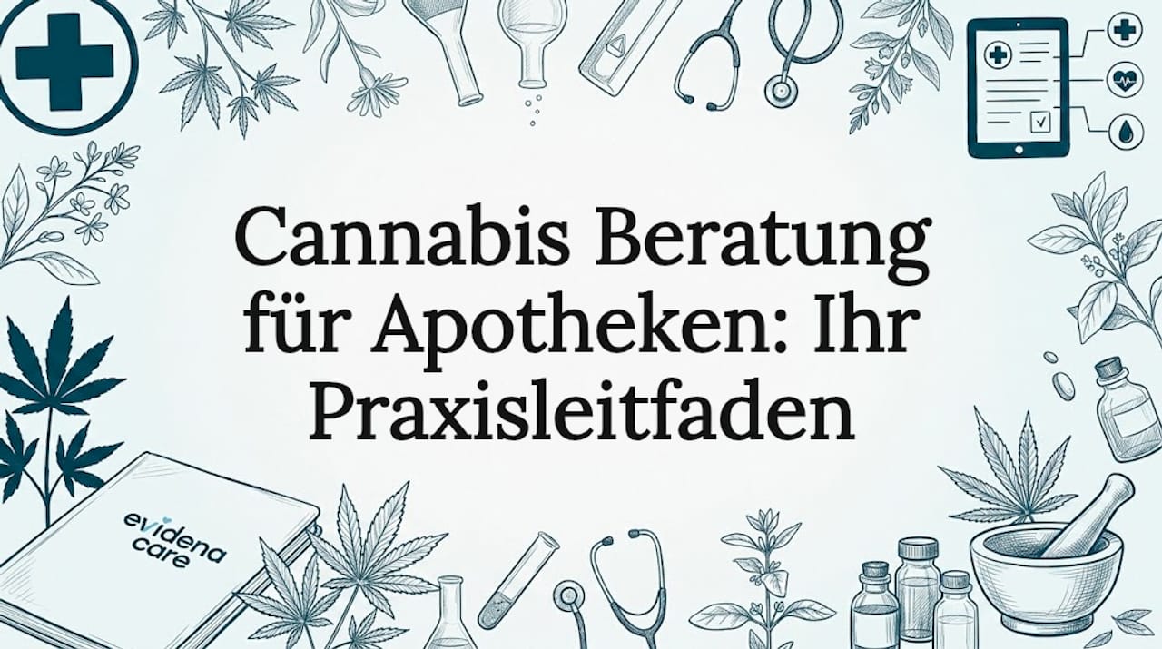 Eine liebevoll gestaltete Titelgrafik, die Cannabisblätter und typische Utensilien aus der Apotheke zeigt.