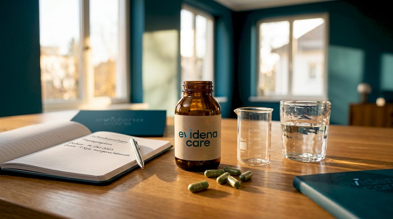 Auf dem Tresen einer Apotheke stehen Cannabis-Kapseln und ein Arzneimittelglas bereit.