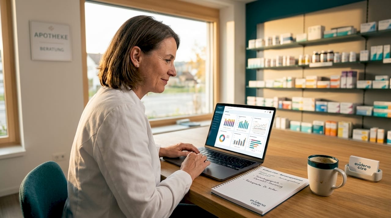 Eine Apothekerin überprüft im Büro am Laptop die aktuellen Berichte.