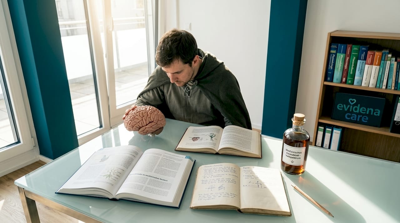 Ein Wissenschaftler arbeitet am Labortisch mit Cannabisöl und einem Gehirnmodell.