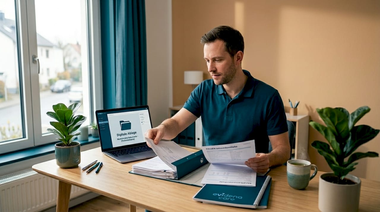 Ein Patient sortiert seine medizinischen Unterlagen an seinem Schreibtisch im Homeoffice.