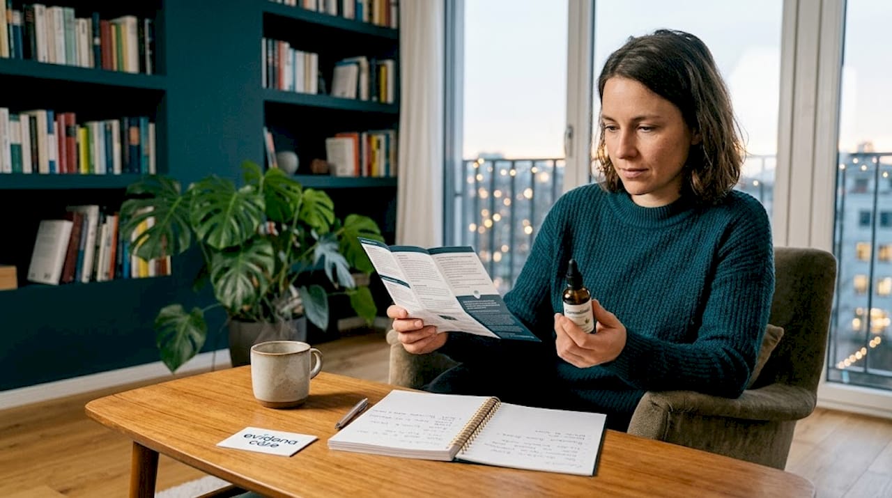 Eine Frau sitzt entspannt auf dem Sofa im Wohnzimmer und hält ein Fläschchen mit Cannabisöl in der Hand.