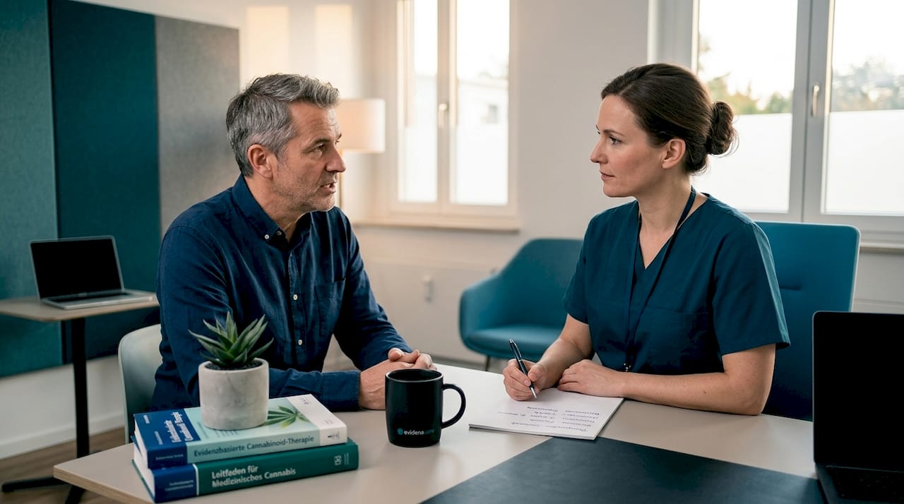 In einem freundlich eingerichteten Behandlungszimmer tauscht sich ein Patient mit seinem Arzt aus.