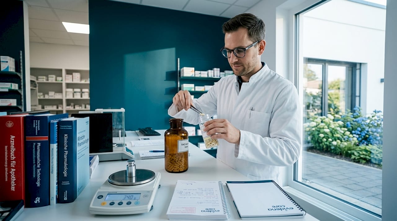 Eine Apothekerin bereitet am Handverkaufstisch ein Medikament mit THC vor.