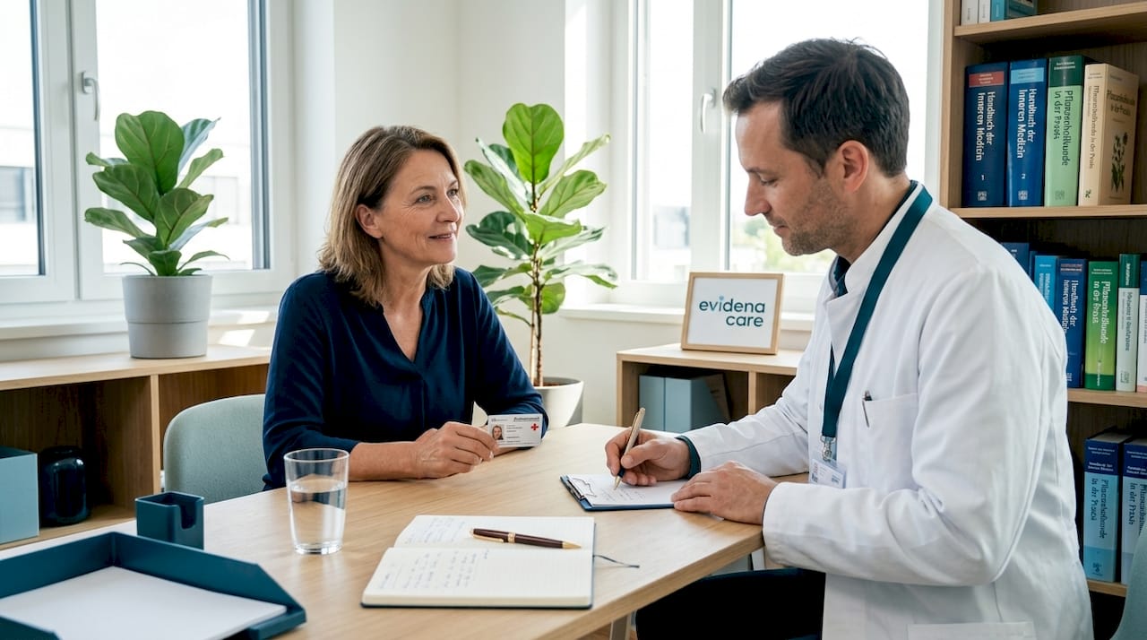 Eine Patientin führt ein Gespräch mit ihrem Arzt im Sprechzimmer.