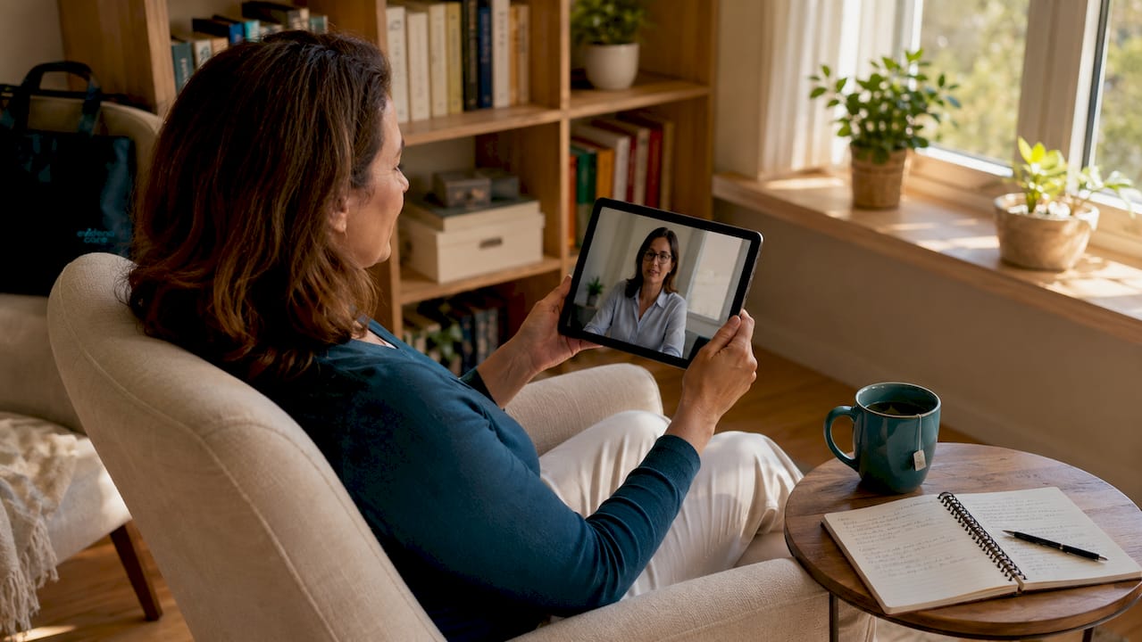 Eine Patientin nimmt im Behandlungsraum an einer digitalen Therapie teil.
