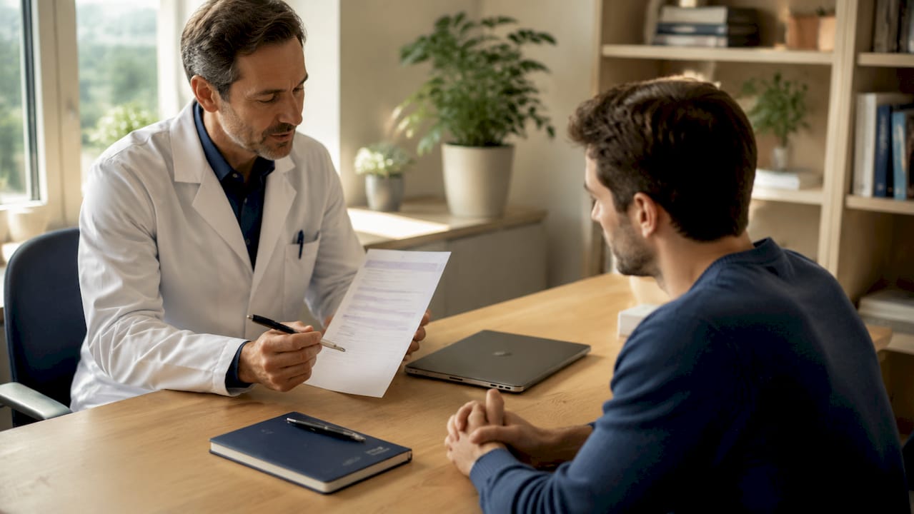 Der Arzt nimmt sich Zeit, um dem Patienten das Ausfüllen des Rezeptformulars genau zu erklären.