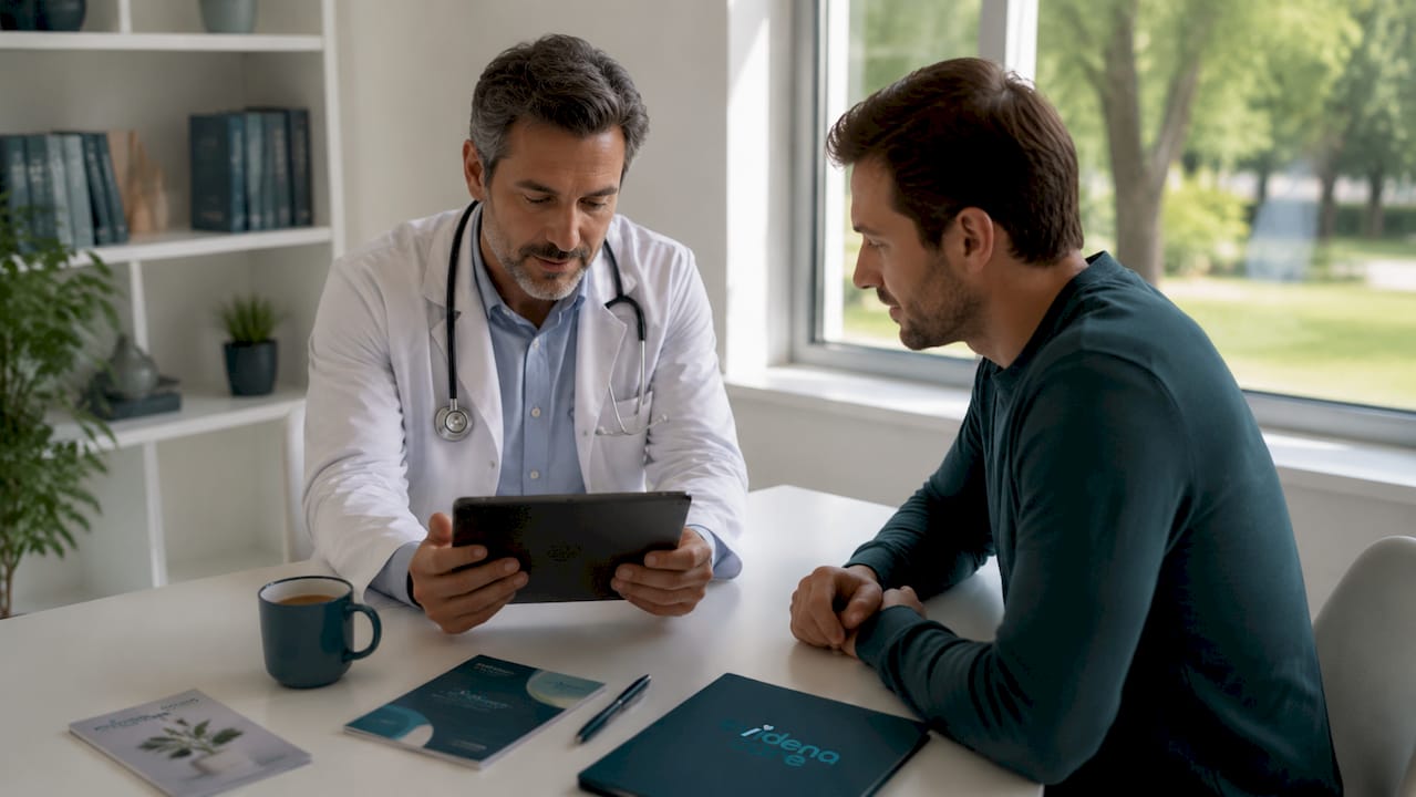 Arzt und Patient besprechen gemeinsam die richtige Dosierung von Cannabis.
