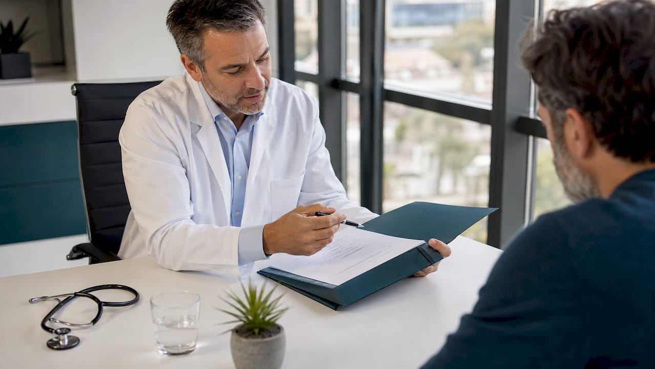 Im Sprechzimmer informiert der Arzt über die Möglichkeiten einer Cannabis-Therapie.