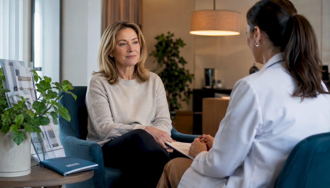 Die Patientin bespricht eine zweite ärztliche Meinung mit ihrem behandelnden Arzt.