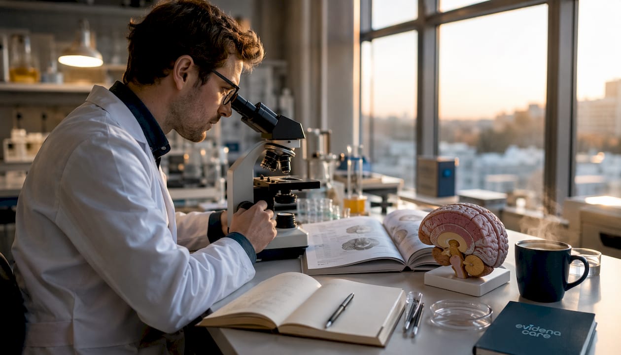 Ein Wissenschaftler betrachtet Proben durch ein Mikroskop im Forschungslabor.