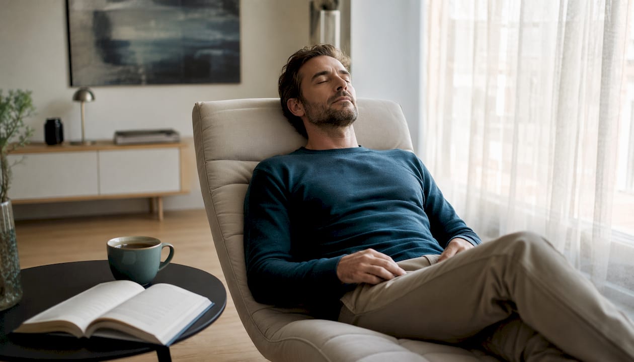Im angenehm kühlen Schlafzimmer genießt ein Mann einen erholsamen Schlaf.